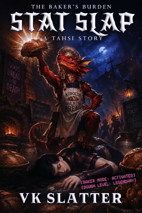 The Baker's Burden cover: a red kobold baker in an apron raises a glowing loaf of bread over a sleeping human heroine, with system messages reading Baker Mode Activated and Dough Level Legendary.