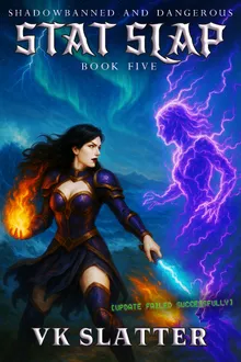 Stat Slap Book Five cover: the heroine wields fire and lightning against a giant crackling energy figure under an aurora.