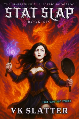 Stat Slap Book Six cover: the heroine holds a torch and a frying pan surrounded by a fiery phoenix and dragons.