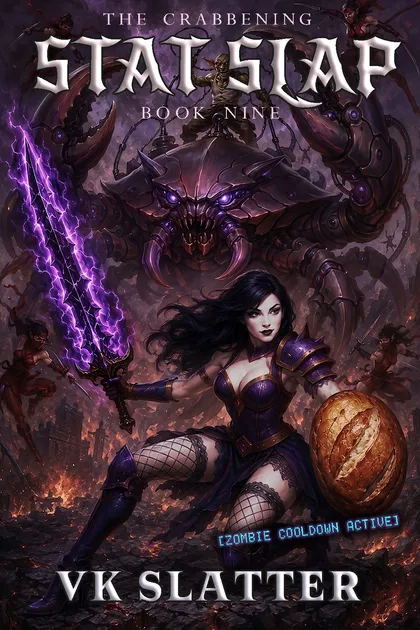 Stat Slap Book Nine cover: the heroine wields a lightning sword and a bread shield before a giant armored crab.